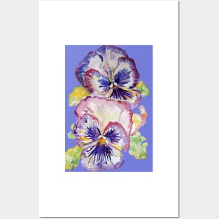 Pansy Watercolor Purple Flower Pattern on Purple Posters and Art